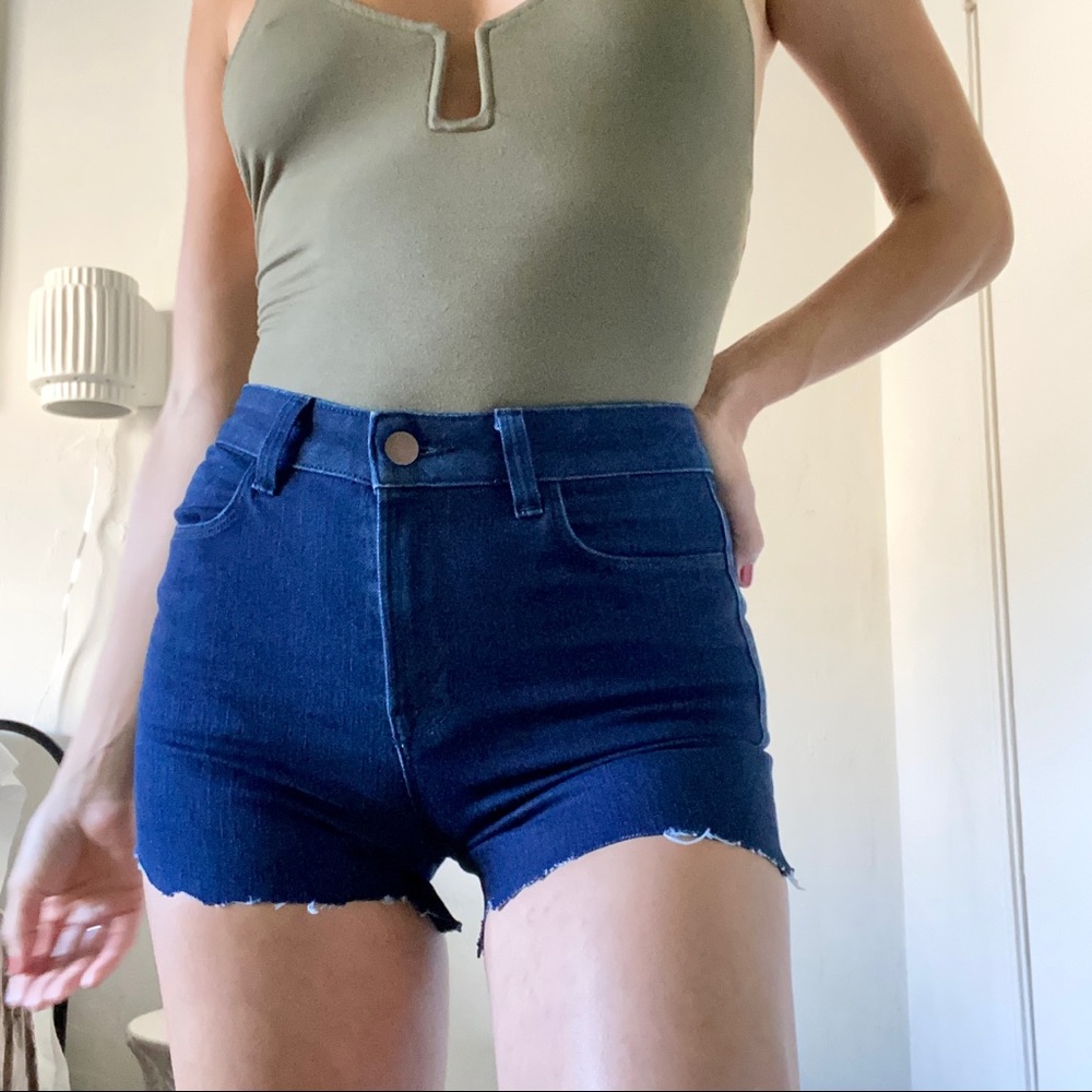 J Brand High Waist Dark Wash Customized Cutoff Raw Hem Denim Jean Shorts | Sz 25